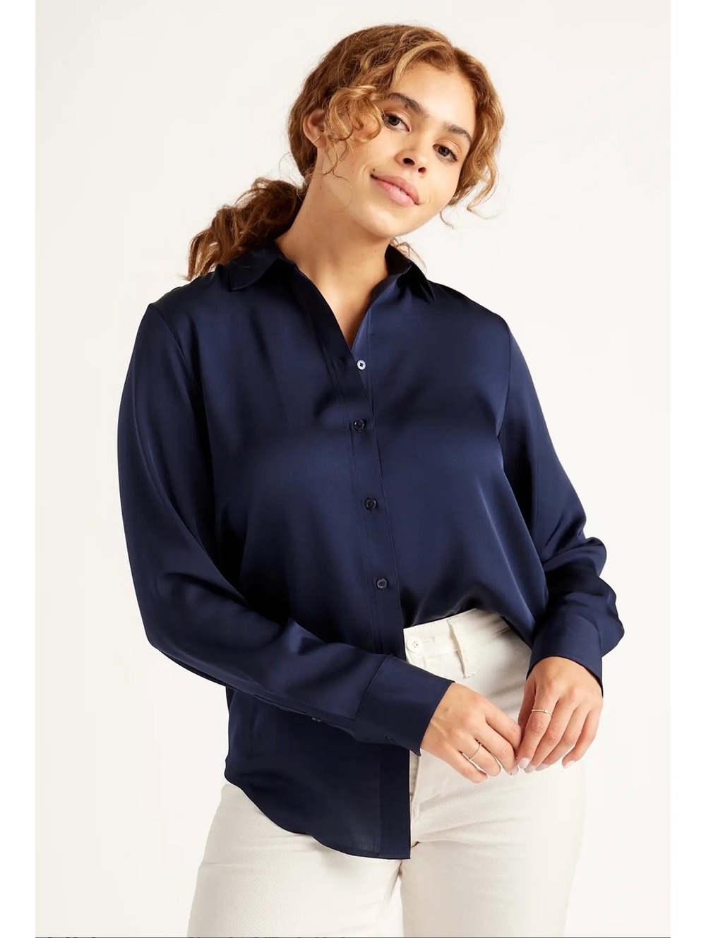 Quince 100% Washable Silk Button Down Shirt Navy Blue Blouse Quiet Luxury Medium